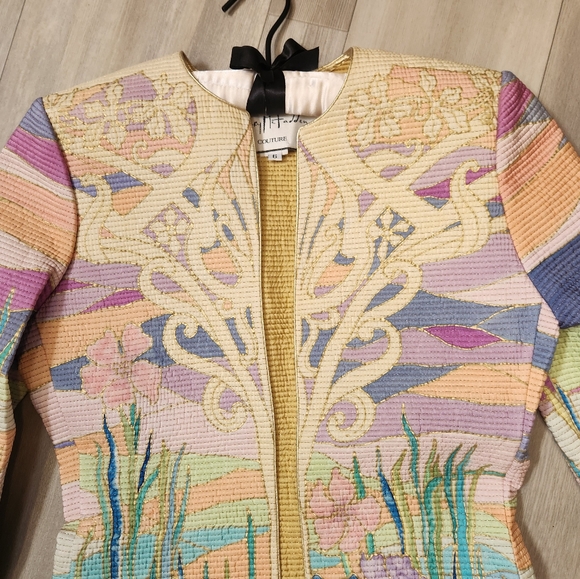 Mary McFadden Couture jacket women's 6 pastel pale 100%silk handpainted quilted - Picture 4 of 14